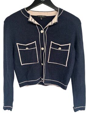 Fore Cardigan Sweater Medium Cropped Button Front Long Sleeve Navy Cream Preppy